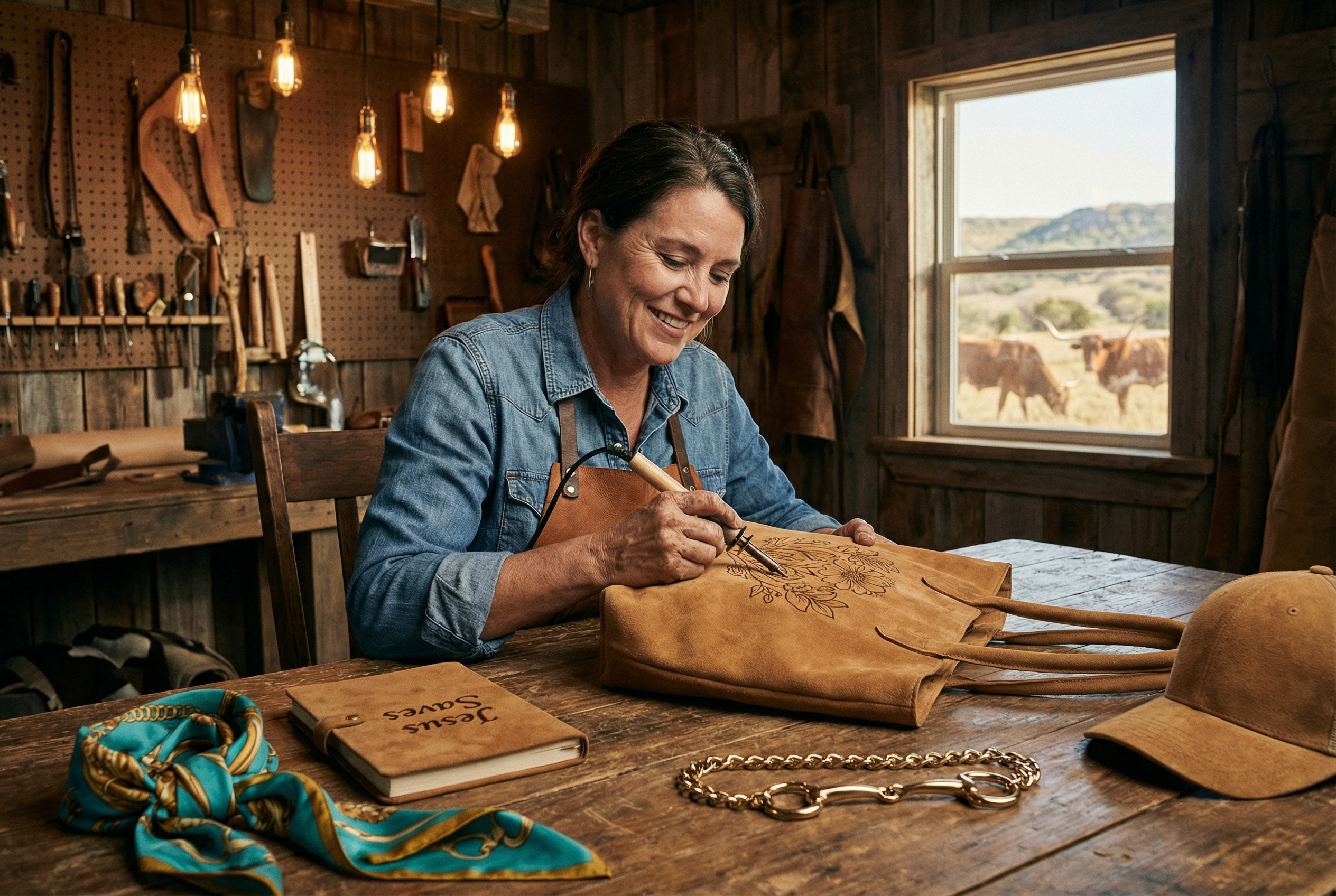Trachelle Rodgers burning a floral design onto a suede tote in her ranch workshop