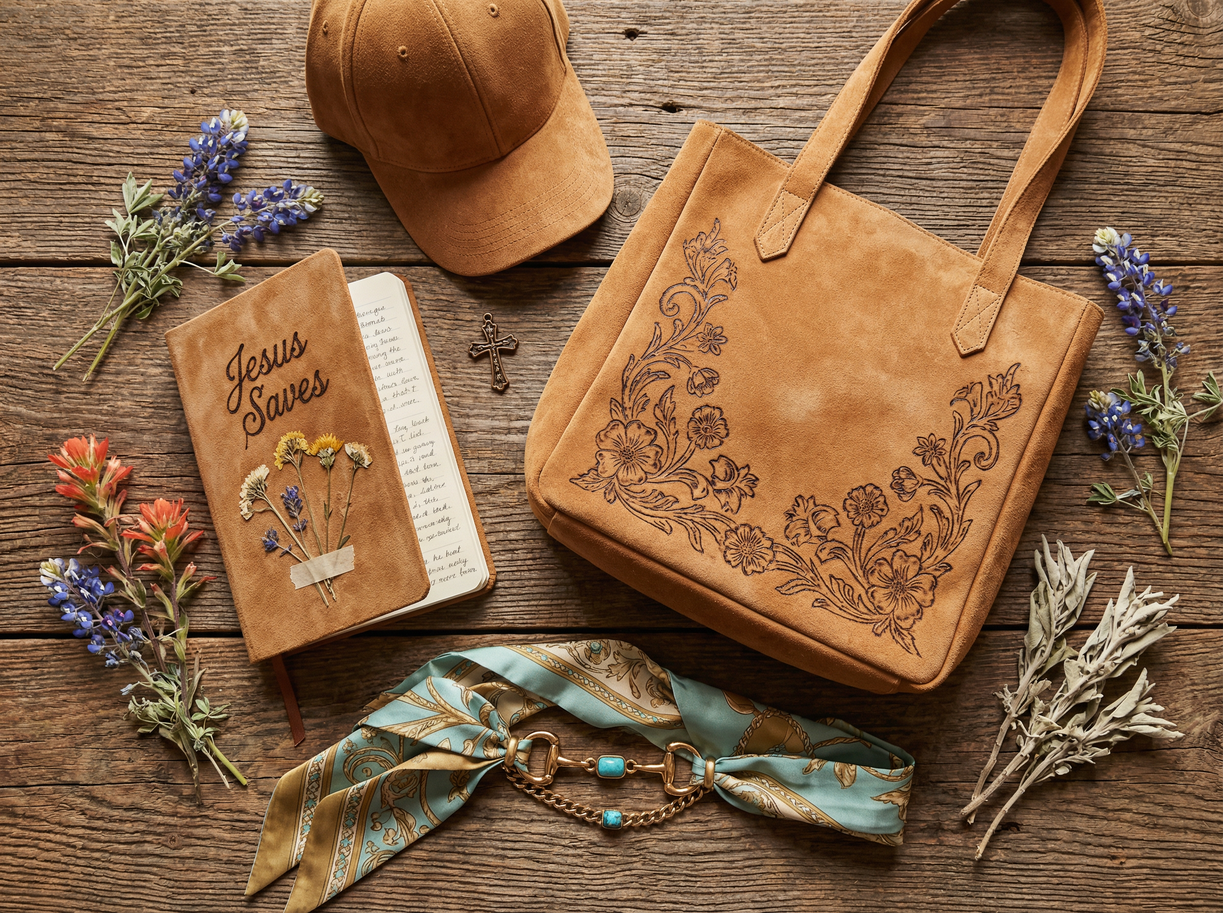 Handcrafted suede tote bag with burned floral design