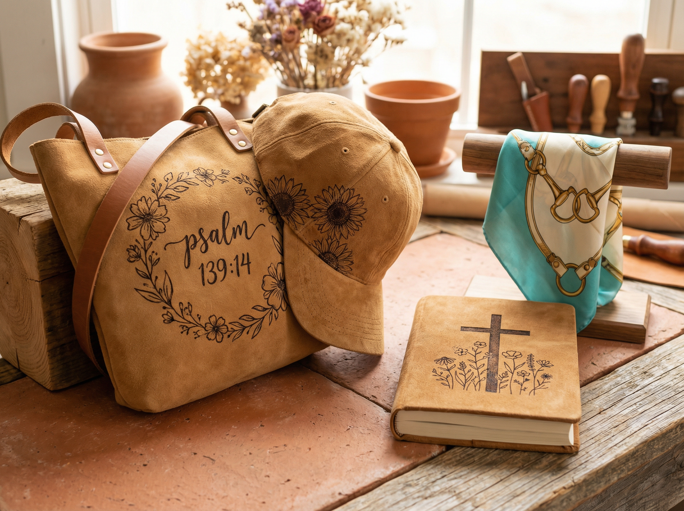 Suede journal with burned cross and wildflower design