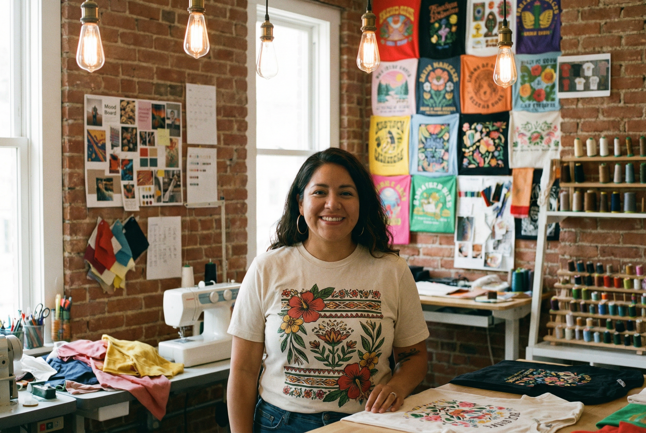 Evelyn Hernandez in her design studio surrounded by colorful t-shirt designs