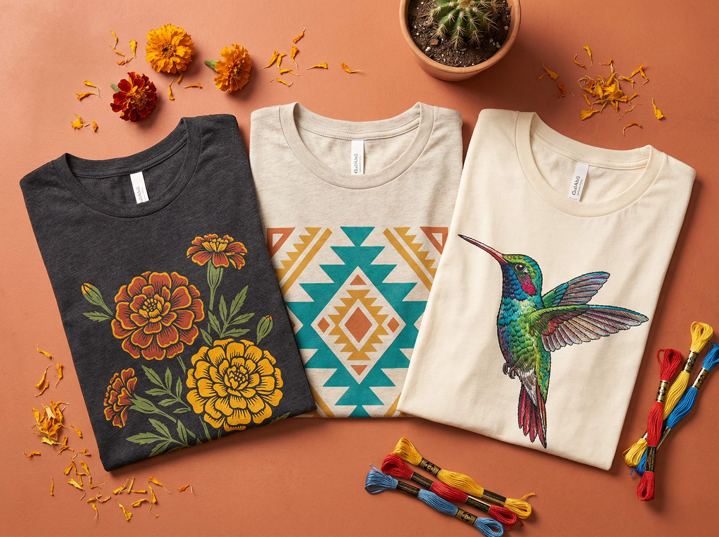 Three folded TeeVibe t-shirts with Latina-inspired designs — marigold, Aztec geometric, and hummingbird motifs
